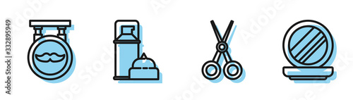 Set line Scissors hairdresser, Barbershop, Shaving gel foam and Makeup powder with mirror icon. Vector