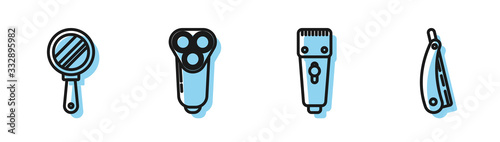 Set line Electrical hair clipper or shaver, Hand mirror, Electric razor blade for men and Straight razor icon. Vector