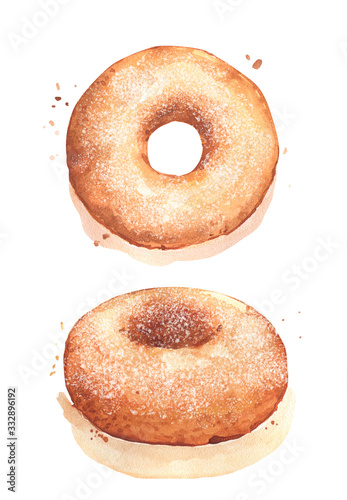 Donut sugar icing doughnut round cafe cooking fast american brown sweet watercolor gourmet isolated