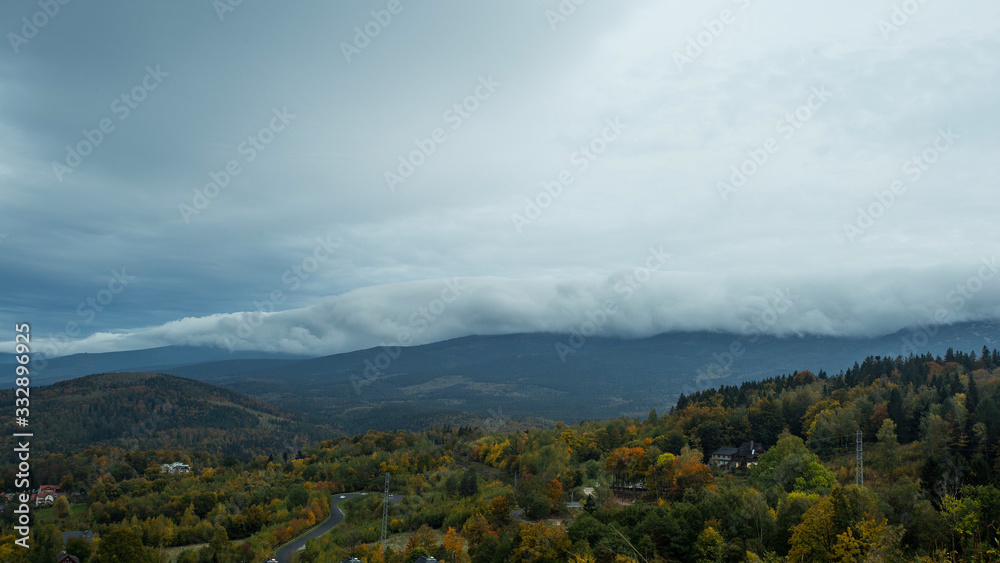 The Beautiful View Of The Clouds Over The Mountains Of Szklarska Poreba, Southwestern Poland - Wide Shot