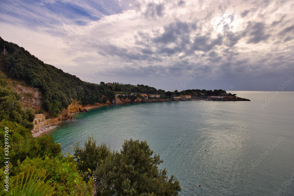 Panorama from the castle of Lerici towards the gulf Liguria Italy