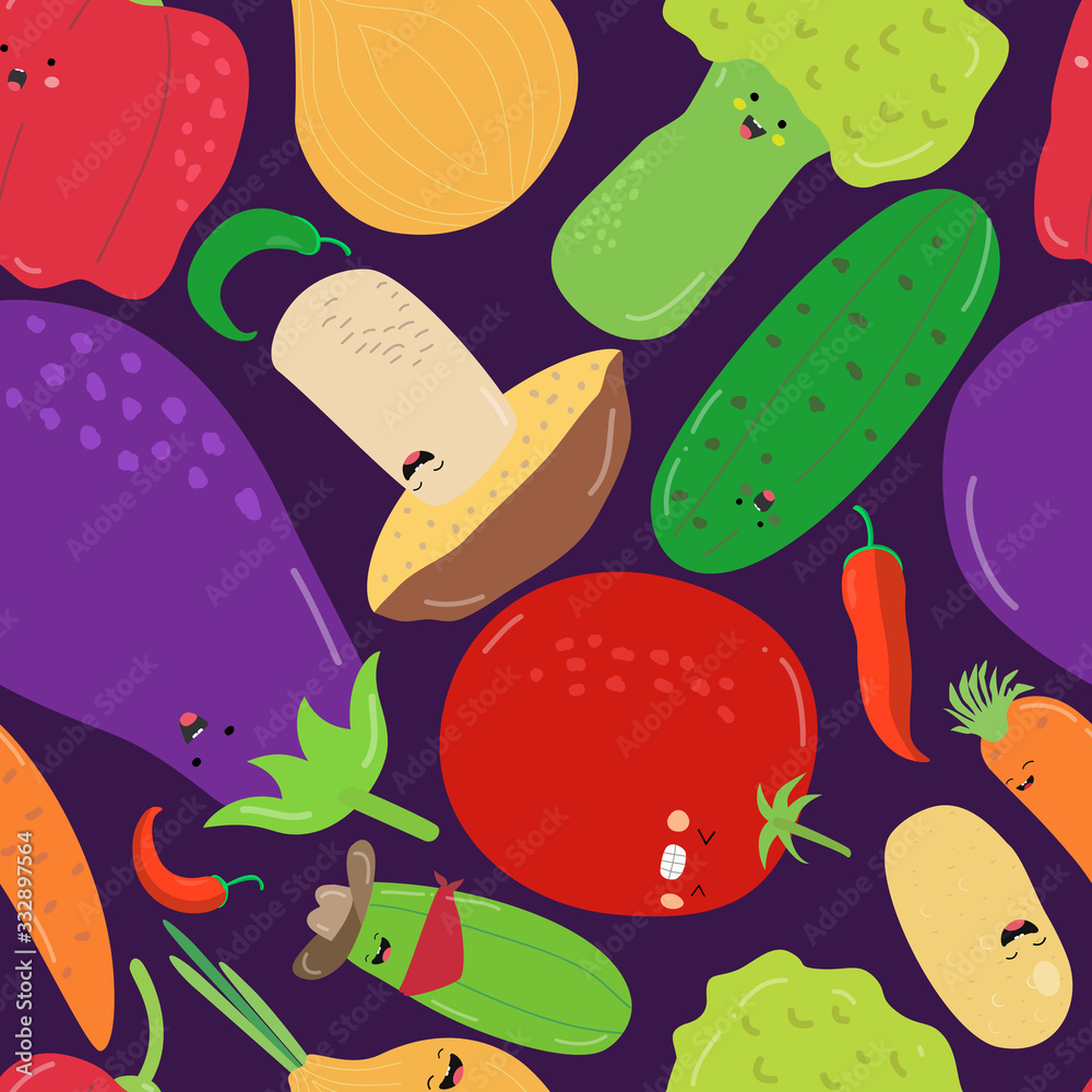 Cartoon character vegetable seamless pattern, wrapping paper. Banner, poster concept healthy food. Food objects: zucchini, cucumber, tomato, pepper, potato, carrot, broccoli. Vector illustration.