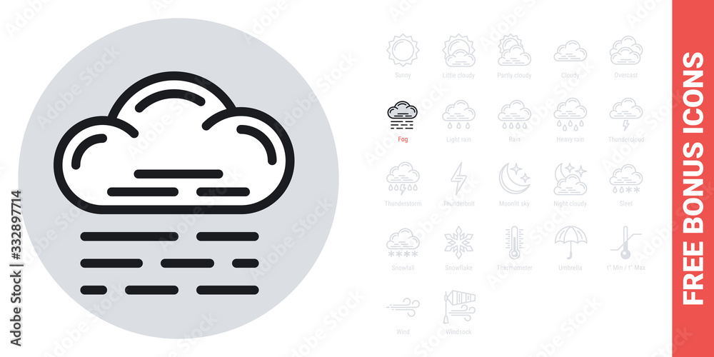 Fog, mist or haze icon for weather forecast application or widget. Simple black and white version. Free bonus icons kit included Fog, mist or haze icon for weather forecast application or widget. Simple black and white version. Free bonus icons kit included