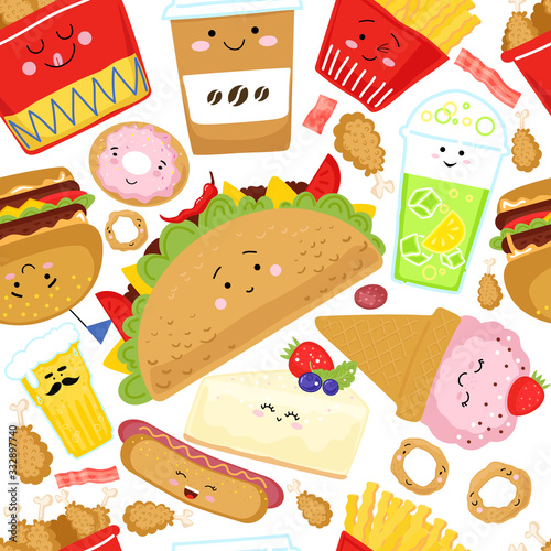 Character fast food seamless pattern for web. Banner, poster concept food objects: burger, ice cream, coffee, hot dog, donut, chicken, french fries and smoothie. Cartoon style. Vector illustration.