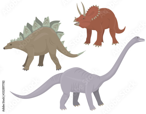 Set of herbivorous dinosaurs. Stegosaurus, triceratops and diplodocus in cartoon style. © KurArt