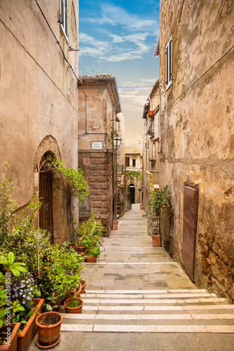 Pitigliano  Grosseto  Tuscany  Italy. Old alley with ancient houses and plants in the medieval town founded in Etruscan time