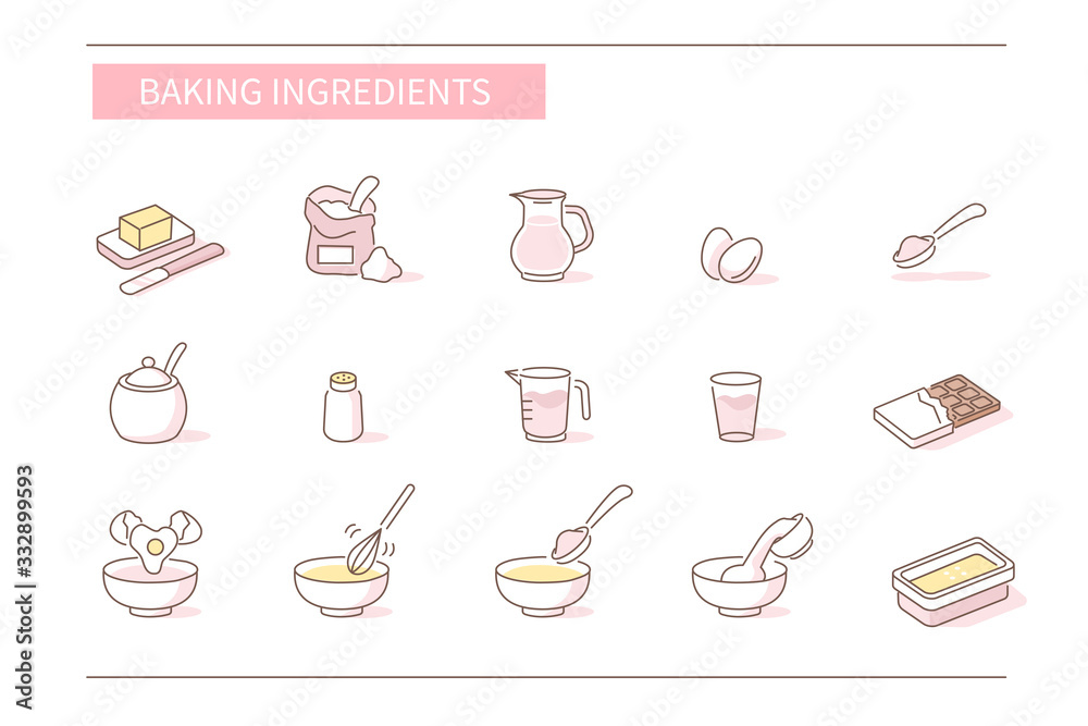 Baking Ingredients Icons Set. Various Food Symbols. Wheat Flour, Milk, Eggs, Sugar and other Cooking Ingredients. Preparation Dough for Pastry.  Flat Line Cartoon Vector Illustration.