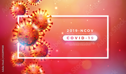 Covid-19. Coronavirus Outbreak Design with Virus Cell in Microscopic View on Shiny Red Background. Vector 2019-ncov Corona Virus Illustration on Dangerous SARS Epidemic Theme for Promotional Banner.