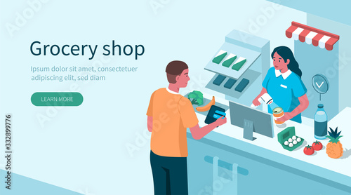 Retail Woman Cashier with Barcode Scanner Scanning Grocery at Supermarket. Man Customer Standing near Cashier Desk with Purchases in Retail Store. Shopping concept. Flat Isometric Vector Illustration.