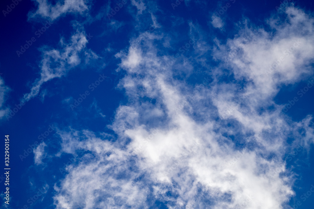 Beautiful nature background. Bright white clouds on blue sky. Spring sunny day.