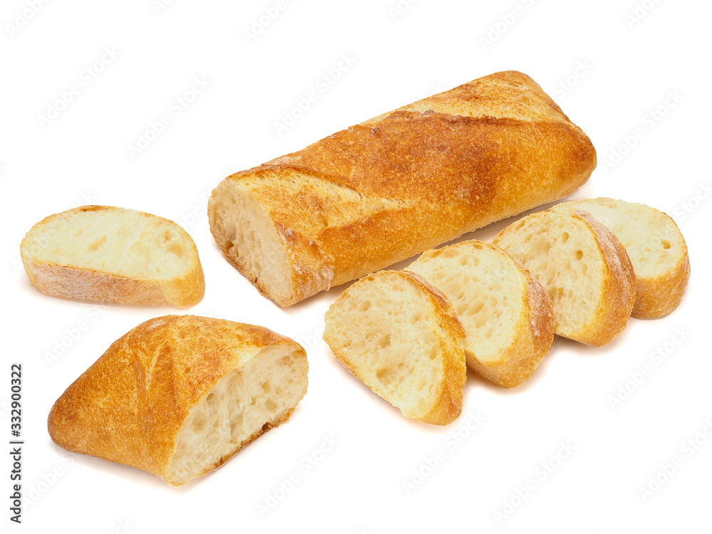 French baguette cut in pieces isolated on a white background French baguette cut in pieces isolated on a white background
