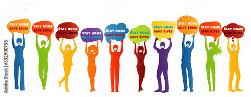 Group of people silhouette with medical mask holding speech bubble with message "stay home save lives". Quarantine of the covid-19 coronavirus infection pandemic. Contagion prevention