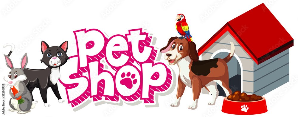 Fototapeta premium Font design for pet shop with many cute animals