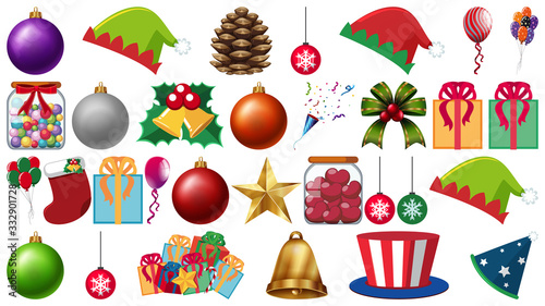 Set of party ornaments and other decorations on white background