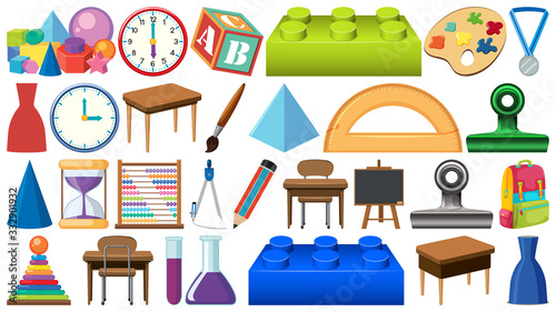 Set of different stationeries on white background