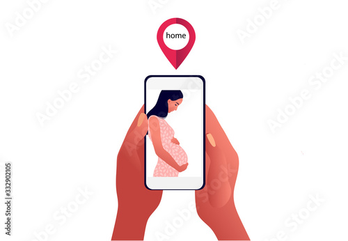 2019-ncov quarantine. Sad pregnant woman on phone screen. Family apart. Coronavirus panic. Lovers apart. Isolated sick person vector illustration.