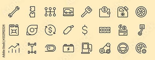 A simple set of car services related vector line icons. Contains icons such as oil, diagnostics, turbine, steering wheel, chassis, gearbox and much more. Editable move. 480x480 On a white background
