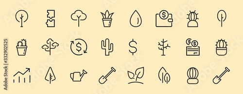   A set of Rosteniya Icons, and garden care, Vector illustration, Contains Icons such as tree, cactus, watering can, spade, flower and much more. on a white background, editable bar 480x480