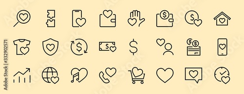  The set of icons about love contains such icons as love of music, declaration of love, heart, favorite home, Linear set. Vector on a white background. Editable stroke. 480x480