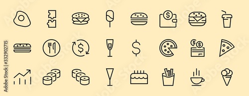   A simple set of fast food icons related to the vector line. Contains icons such as pizza, burger, sushi, bike, scrambled eggs and more. EDITABLE stroke. 480x480 pixels perfect, EPS 10