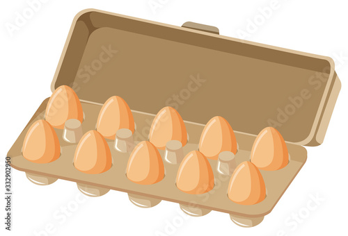 Ten fresh eggs in paper carton on white background