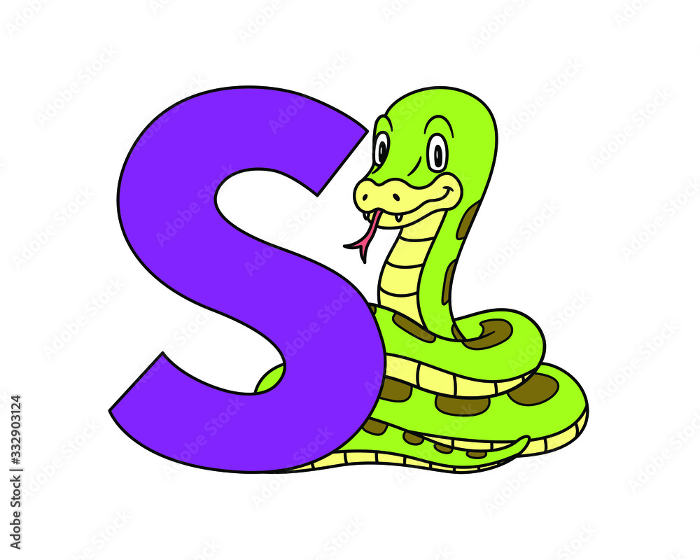 Animal alphabet. capital letter S, Snake. Vector illustration. For pre school education, kindergarten and foreign language learning for kids and children. For print and books, zoo topic. Animal alphabet. capital letter S, Snake. Vector illustration. For pre school education, kindergarten and foreign language learning for kids and children. For print and books, zoo topic.