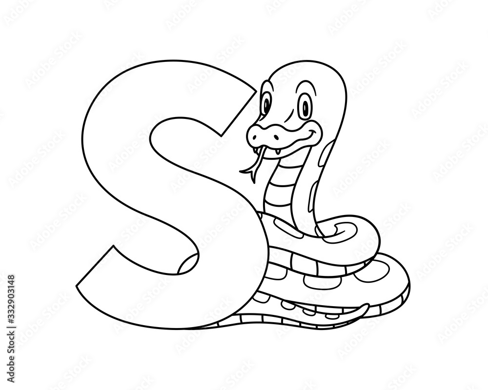 Fototapeta premium Animal alphabet. capital letter S, Snake. Raster illustration. For pre school education, kindergarten and foreign language learning for kids and children. Coloring page and books, zoo topic.