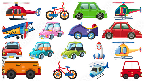 Big set of different types of transportations on white background