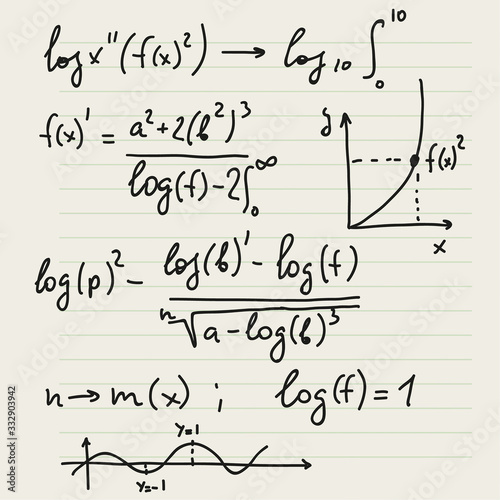 Vector background with mathematical formulas, calculations, graphs, proof and scientific research in the field of algebra and geometry