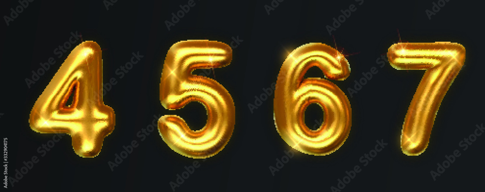 Golden numbers set isolated on dark. Realistic gold shiny numbers 4 to 7 with shadow. Decoration elements for banner, cover, birthday or anniversary party invitation design Golden numbers set isolated on dark. Realistic gold shiny numbers 4 to 7 with shadow. Decoration elements for banner, cover, birthday or anniversary party invitation design