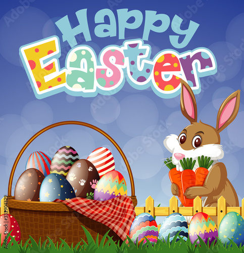 Happy Easter font design with easter bunny and eggs