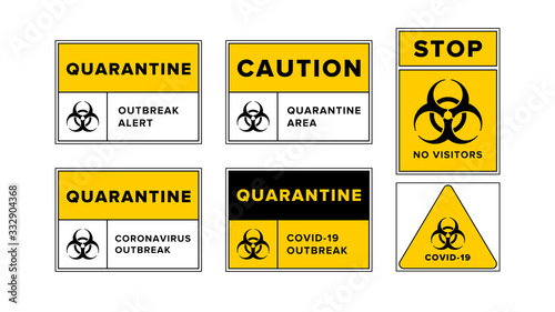 Quarantine outbreak alert templates set with biohazard symbol, Novel Coronavirus COVID-19 disease outbreak control. Restriction and caution. Vector design for print and web