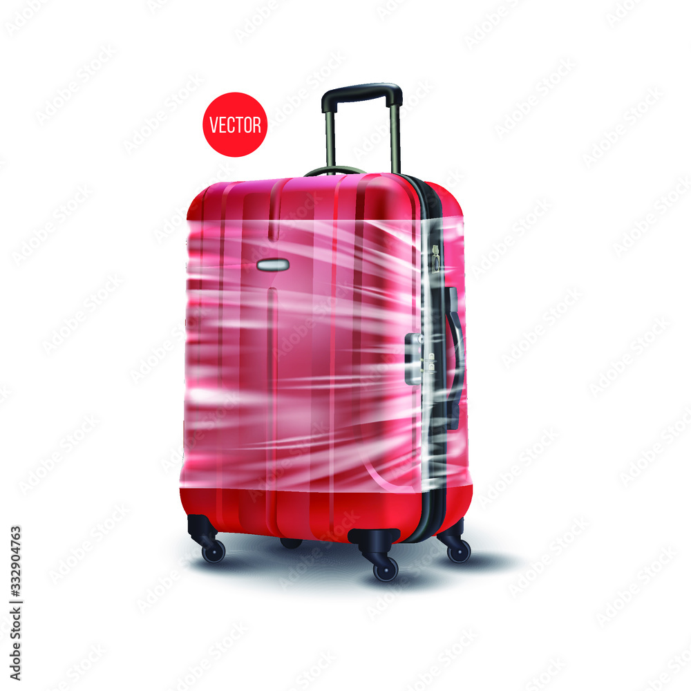 Vettoriale Stock Red modern travel suitcase wrapped in cellophane and  plastic wrap. Realistic vector isolated on a white transparent background.  | Adobe Stock