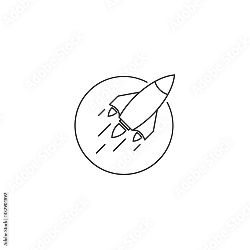 Vector icon of flying spaceship. Rocket ship logo taking off on a white background.