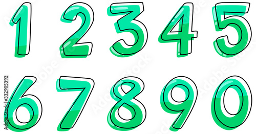 Font design for numbers one to zero on white background