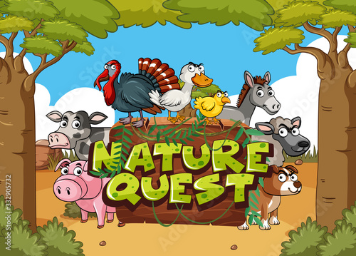 Font design for nature quest with farm animals in background © brgfx
