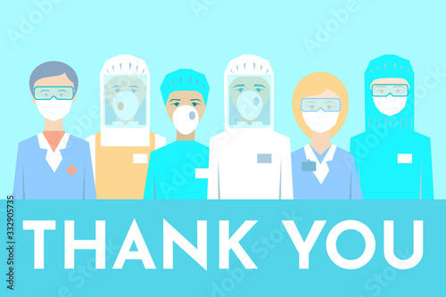 Postcart. Novel coronavirus (2019-nCoV) Doctors, nurses, medical staff, disinfectors, immunologists, virologists, epidemiologists. Protective medical clothing, face mask. Thank you doctors and nurses