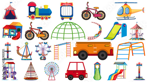 Large set of different rides and transportations on white background
