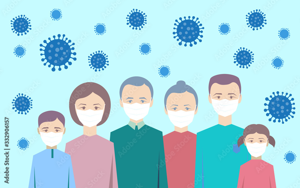 Family wearing protective Medical mask for prevent virus Wuhan Covid-19. Dad Mom Daughter Son Grandfather, Grandmother wearing a surgical mask. Family wearing protective Medical mask for prevent virus Wuhan Covid-19. Dad Mom Daughter Son Grandfather, Grandmother wearing a surgical mask.