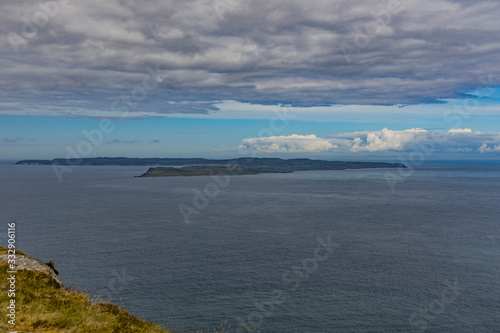 Rathlin Island viewed from Fairhead sea cliffs, Ballycastle, Causeway coast and glens, County Antrim, Northern Ireland