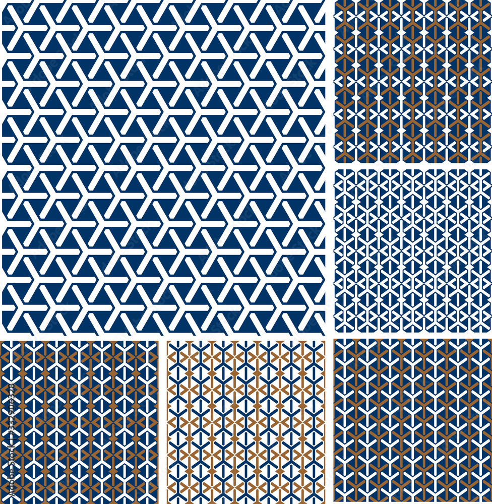 Seamless geometric hexagons patterns set.
