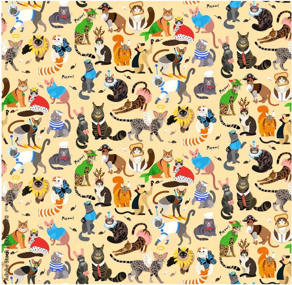 Seamless Pattern with Cats Dressed In Costumes