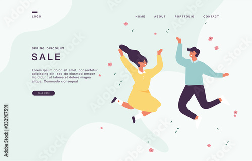 Landing page template for websites with young people are jumping. Cocept of spring sale.