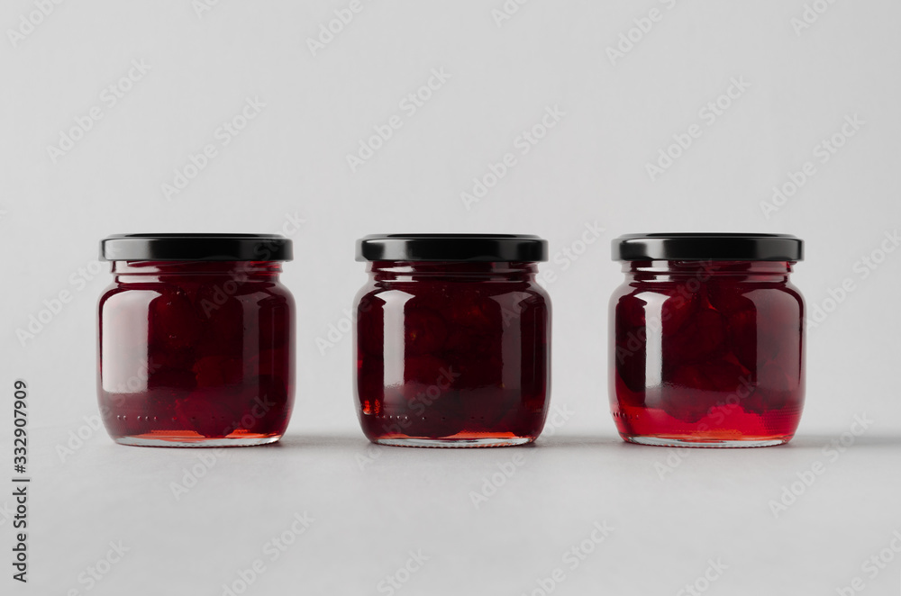 Cherry Jam Jar Mock-Up - Three Jars Cherry Jam Jar Mock-Up - Three Jars