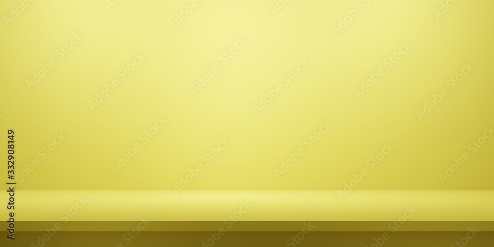 Empty studio product display yellow. background & copy space. perspective studio photography stand.banner mock up space for showcase product.empty countertop backdrop business presentation, 3d render