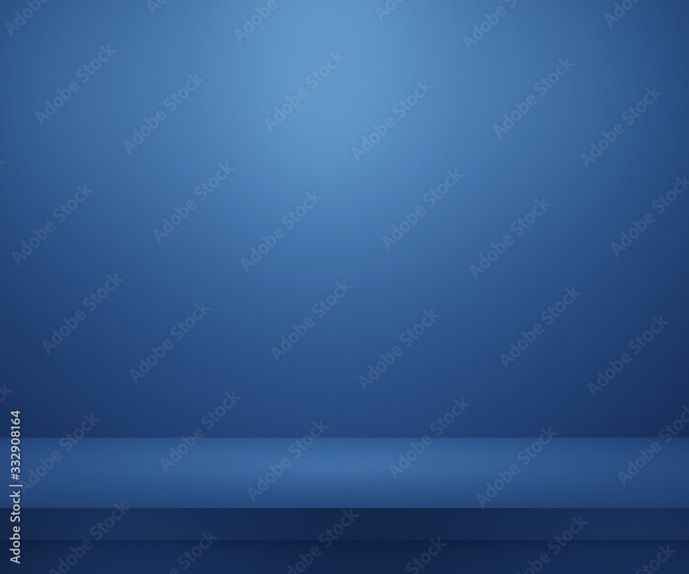Empty studio product display blue. background & copy space. perspective studio photography stand.banner mock up space for showcase product.empty countertop backdrop business presentation, 3d render Empty studio product display blue. background & copy space. perspective studio photography stand.banner mock up space for showcase product.empty countertop backdrop business presentation, 3d render