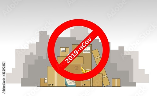 Delayed delivery of goods, parcels, online purchases from China, Europe due to coronavirus, 2019-nCov, covid-19. Bad mail, delivery interruptions. Mountains, heaps unsent mail boxes; prohibition sign