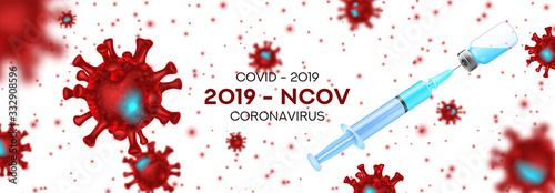 Vaccine Testing vs Coronavirus banner concept. Vector illustration with 3d microscopic viral cells Covid 19-NCP. 3d realistic Coronavirus 2019-nCoV, syringe and ampoule with vaccine.