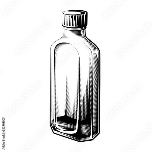 Small vintage bottle vector illustration. Square medicine bottle for liquid drugs, oils, cosmetics.