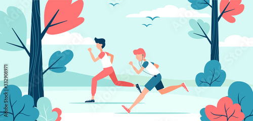 two boys running in the park	